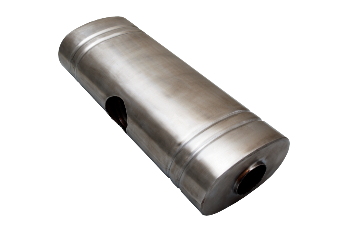 409 Stainless Oval Muffler 8"x 5"x 20" East West 2.5" Centre Inlet Dual 2.25" Outlet